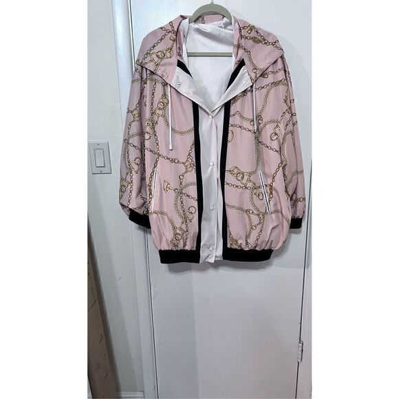 MNG MANGO WOMEN'S CHAIN PRINT STREET WEAR PREPPY HOODY JACKET LIGHT PINK SZ XL - Picture 3 of 10